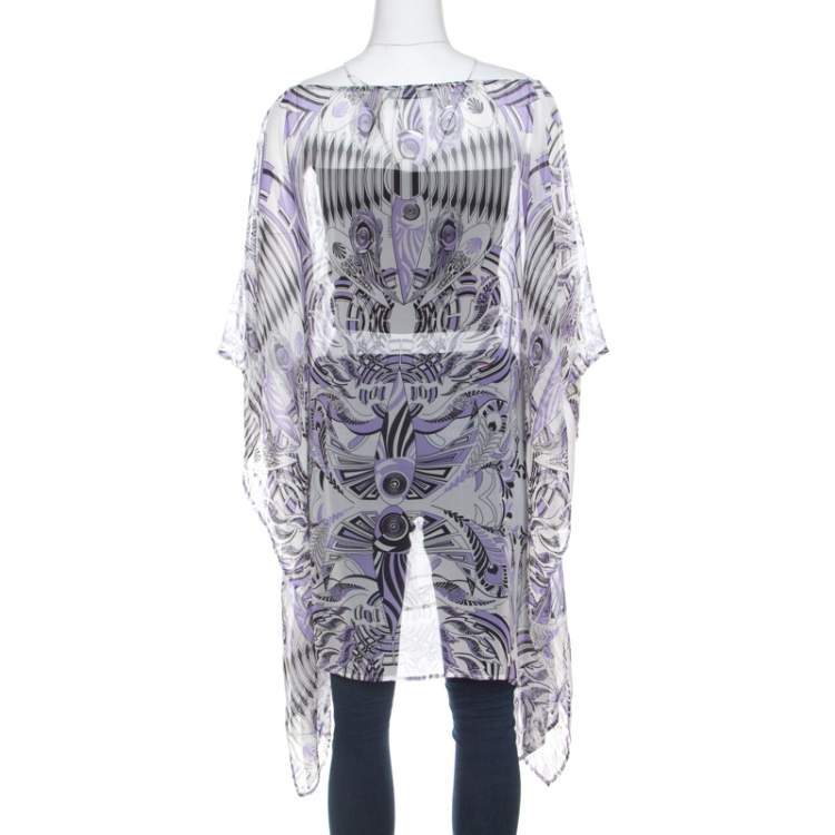 Pre Owned Versace White and Purple Fish Print Sheer Silk Kaftan Tunic Top M