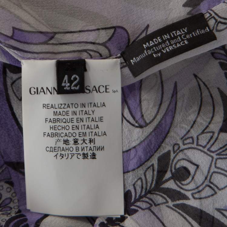 Pre Owned Versace White and Purple Fish Print Sheer Silk Kaftan Tunic Top M