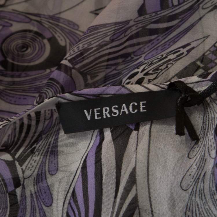 Pre Owned Versace White and Purple Fish Print Sheer Silk Kaftan Tunic Top M