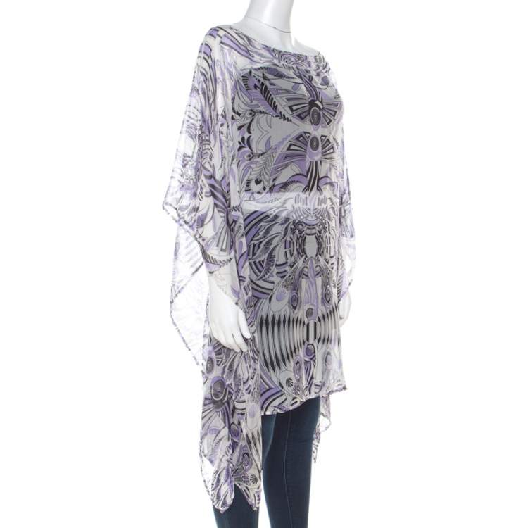 Pre Owned Versace White and Purple Fish Print Sheer Silk Kaftan Tunic Top M