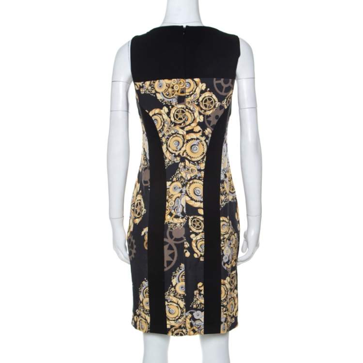 مملوكة مسبقًا Versace Collection Black Mechanic Print Stretch Paneled Sheath Dress M