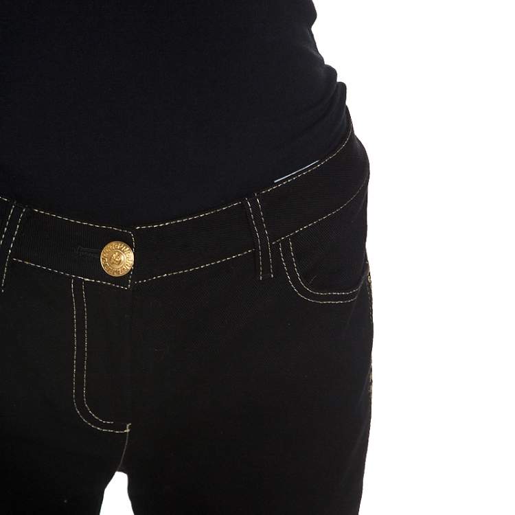Pre Owned Versace Black Denim Greek Key Eyelet Trim Slim Fit Jeans S