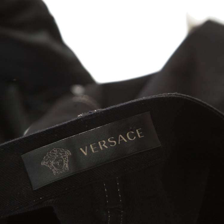 Pre Owned Versace Black Denim Greek Key Eyelet Trim Slim Fit Jeans S