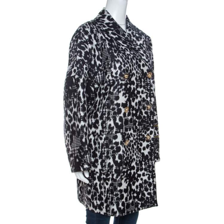 Pre Owned Versace Monochrome Jacquard Wool Double Breasted Coat M