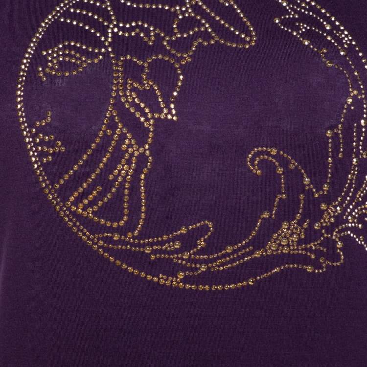 Pre Owned Versace Collection Aubergine Purple Jersey Studded Medusa T-Shirt M