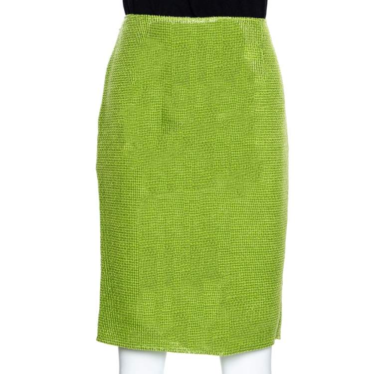 Pre Owned Versace Metallic Green Interwoven Cotton Blend Pencil Skirt M