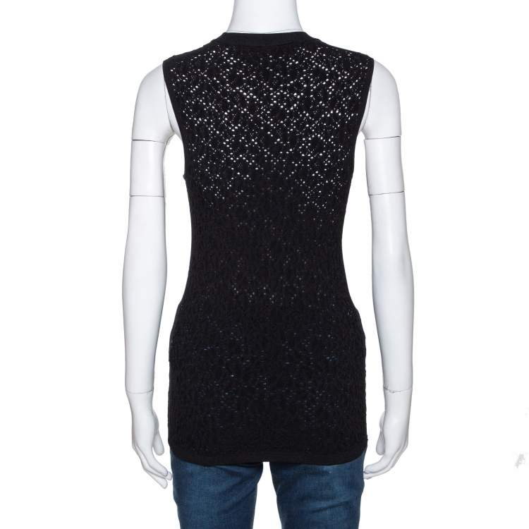 Pre Owned Versace Black Perforated Knit Sleeveless Crew Neck Top M
