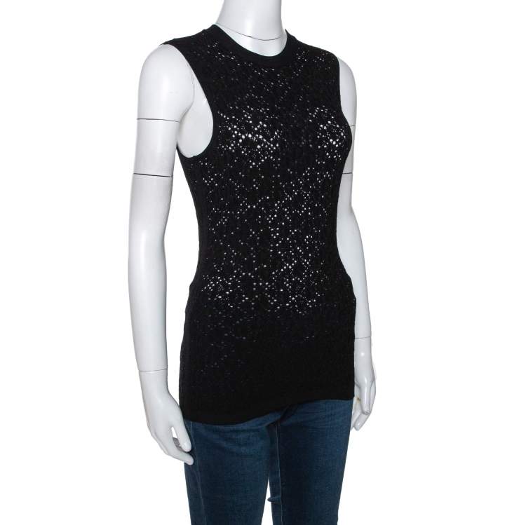Pre Owned Versace Black Perforated Knit Sleeveless Crew Neck Top M