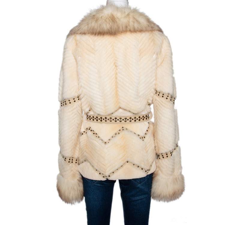 Pre Owned Versace Cream Mink Fur Stud Embellished Belted Coat S