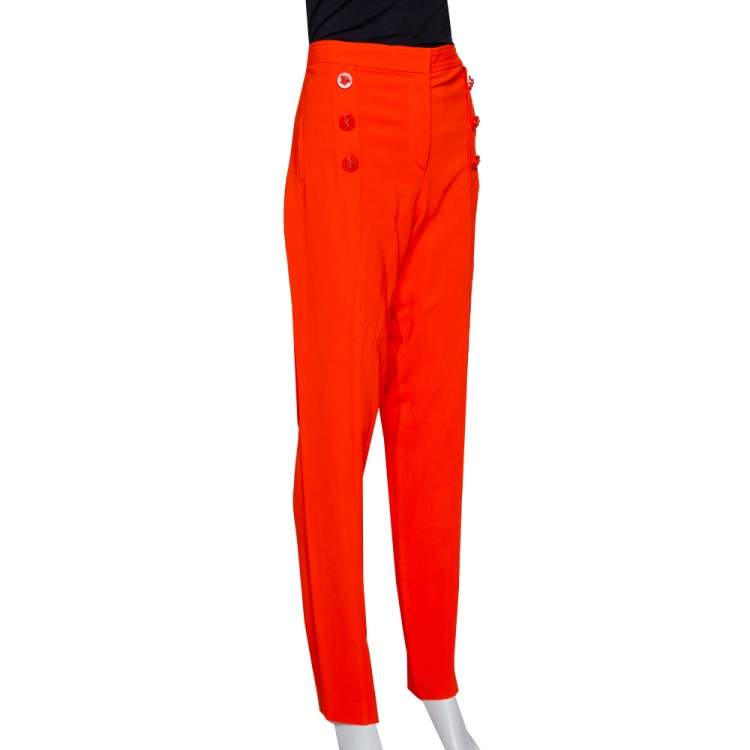 Pre Owned Versace Orange Crepe Medusa Button Detail Trousers L