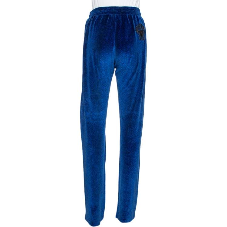 Pre Owned Versace Blue Velvet Medusa Embroidered Sweatpants XS