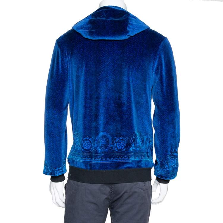 Pre Owned Versace Blue Jacquard Velvet Leather Trim Zip Front Hoodie S