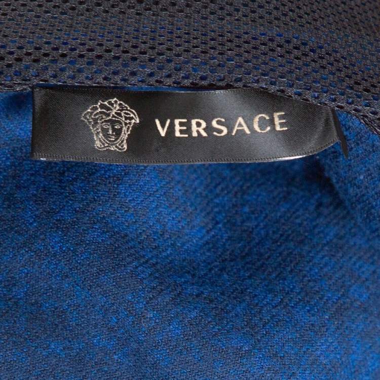 Pre Owned Versace Blue Jacquard Velvet Leather Trim Zip Front Hoodie S