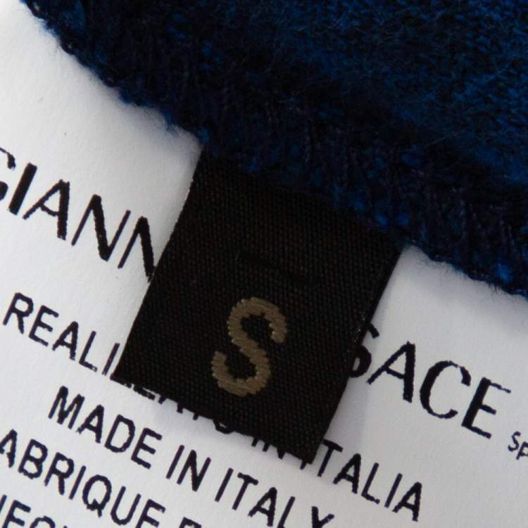 Pre Owned Versace Blue Jacquard Velvet Leather Trim Zip Front Hoodie S