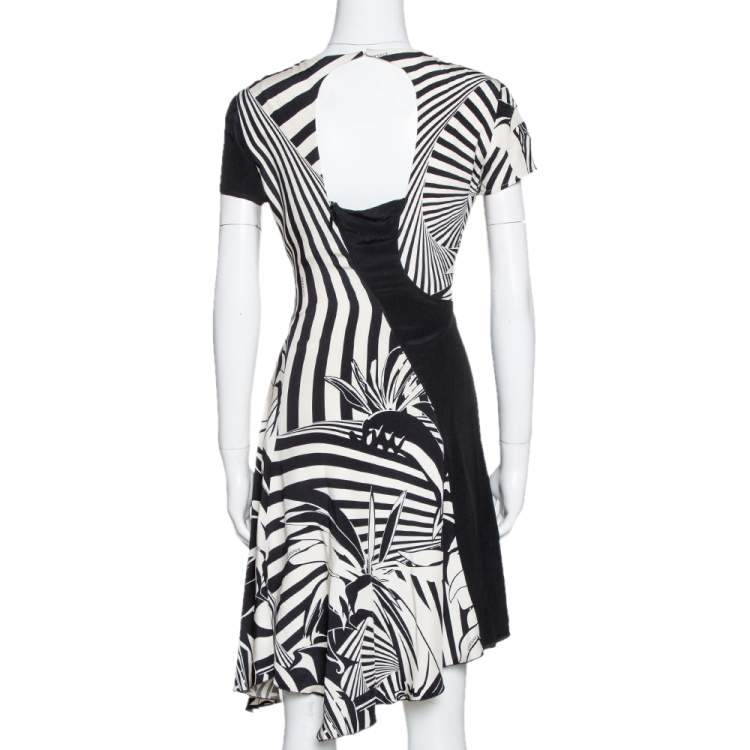 Pre Owned Versace Black Printed Silk Asymmetric Knee Length Dress M