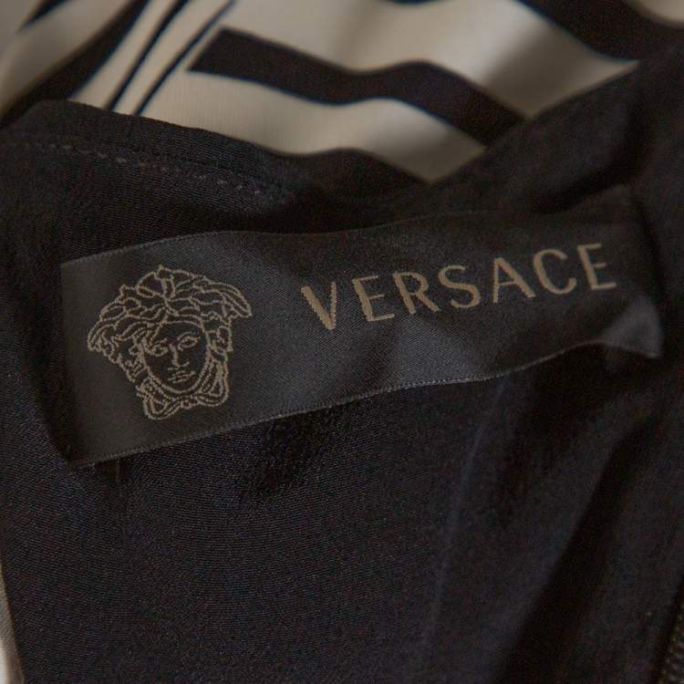 Pre Owned Versace Black Printed Silk Asymmetric Knee Length Dress M