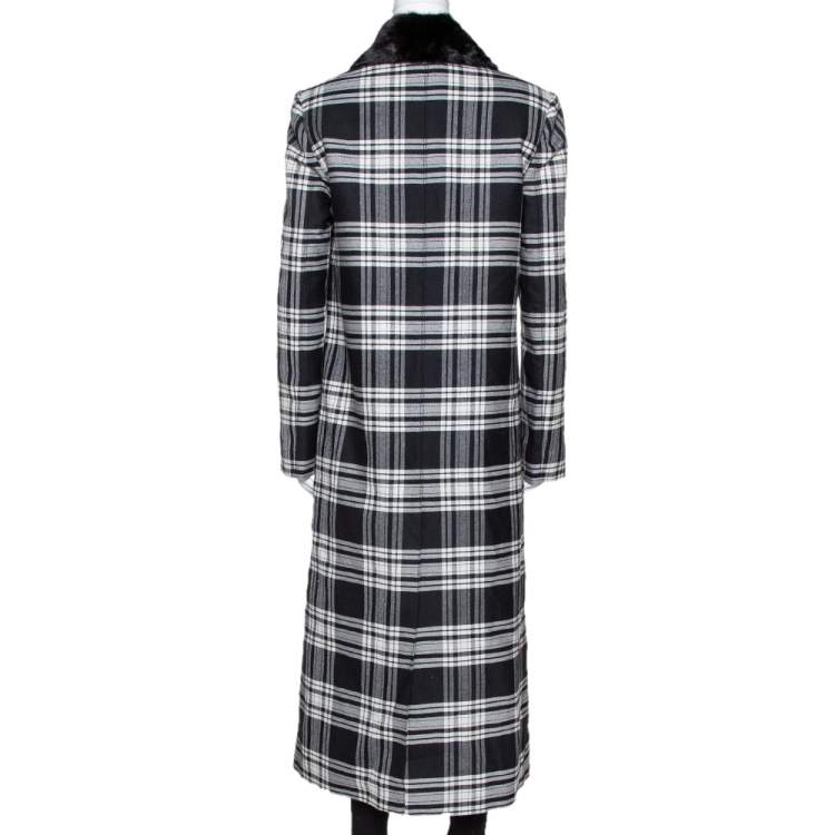 Pre Owned Versace Black Plaid Wool & Silk Mink Fur Trim Long Coat S