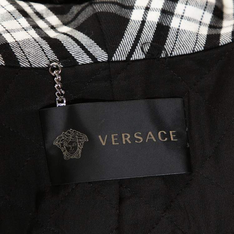 Pre Owned Versace Black Plaid Wool & Silk Mink Fur Trim Long Coat S