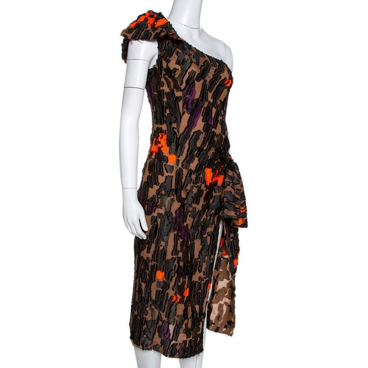 Pre Owned Versace Brown Camouflage Fil Coupé One-Shoulder Dress S