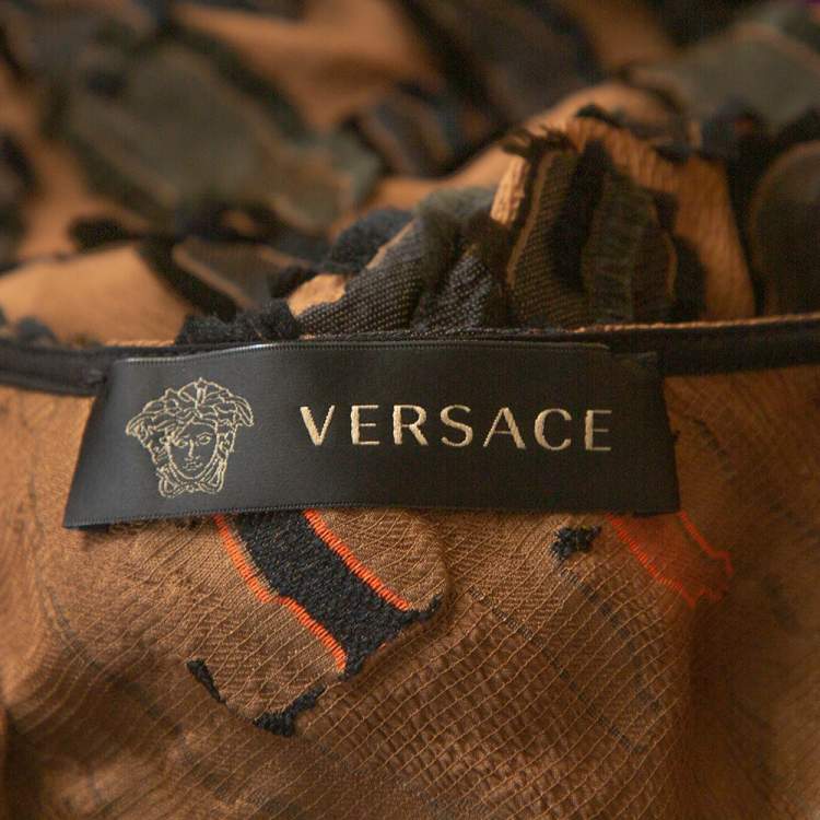 Pre Owned Versace Brown Camouflage Fil Coupé One-Shoulder Dress S