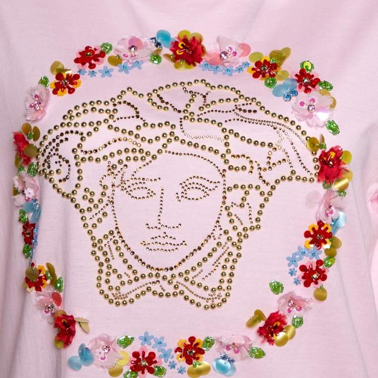 Pre Owned Versace Pink Cotton Medusa Embellished Crew Neck T-Shirt M