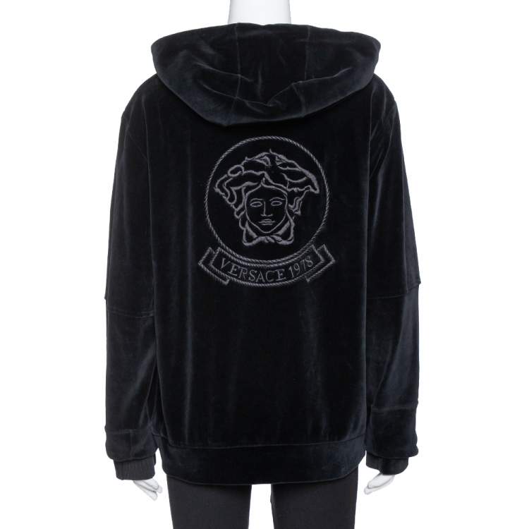 Pre Owned Versace Black Velvet Medusa Embroidered Zip Up Hoodie XL