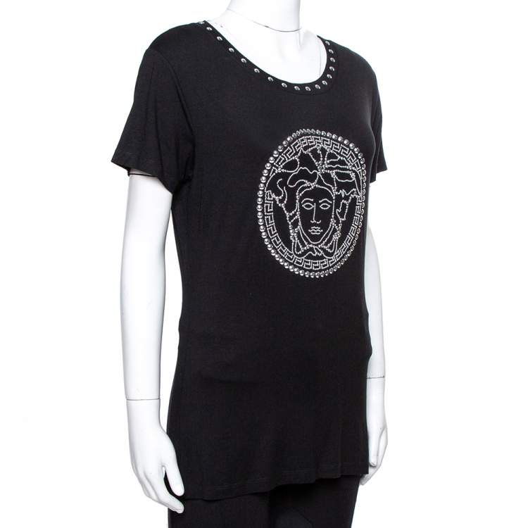 مملوكة مسبقًا Versace Black Jersey Medusa Icon Studded T-Shirt XL
