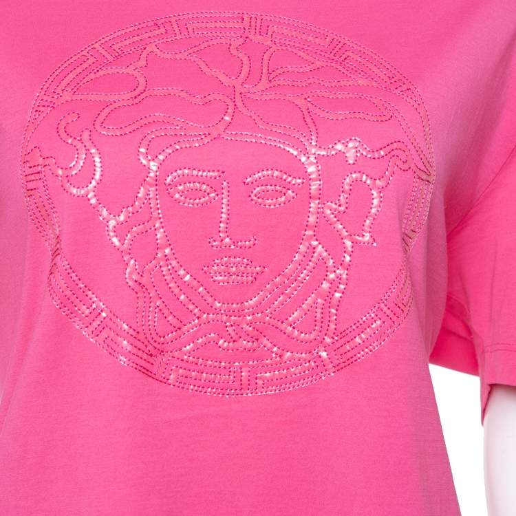 مملوكة مسبقًا Versace Pink Cotton Medusa Appliqued Crew Neck T-Shirt L