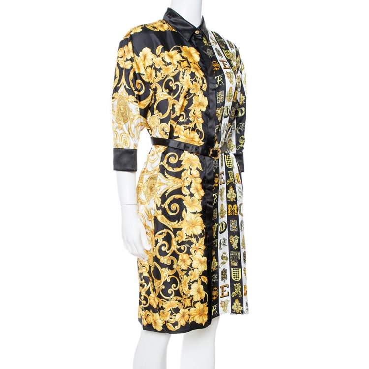 Versace Black Hibiscus Print Silk Belted Shirt Dress M Versace
