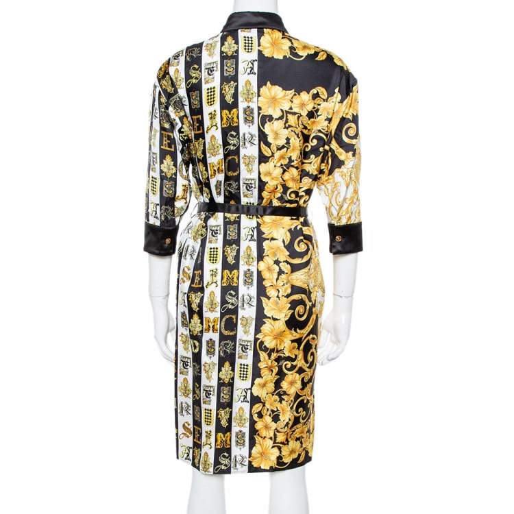 Pre Owned Versace Black Hibiscus Print Silk Belted Shirt Dress M