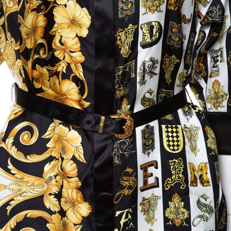 Pre Owned Versace Black Hibiscus Print Silk Belted Shirt Dress M