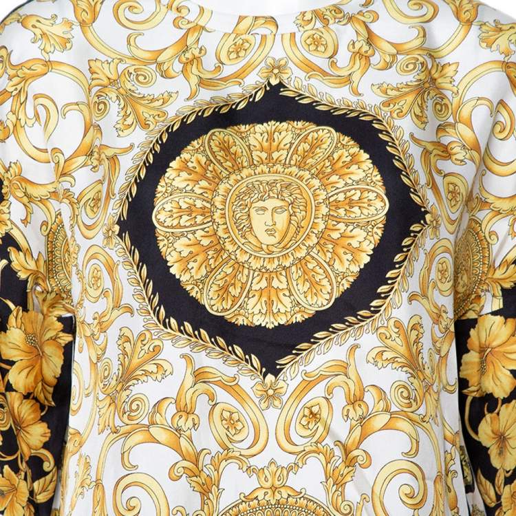 Pre Owned Versace Gold Hibiscus & Zeus Print Silk Short Sleeve Blouse M