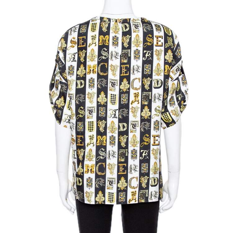 Pre Owned Versace Gold Hibiscus & Zeus Print Silk Short Sleeve Blouse M