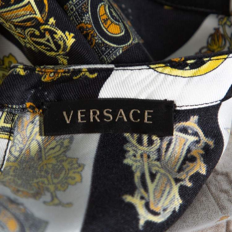 Pre Owned Versace Gold Hibiscus & Zeus Print Silk Short Sleeve Blouse M