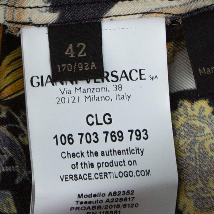 Pre Owned Versace Gold Hibiscus & Zeus Print Silk Short Sleeve Blouse M