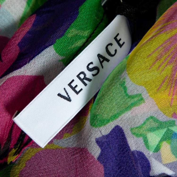 Pre Owned Versace Multicolor Floral Print Silk Asymmetric Sleeve Blouse M