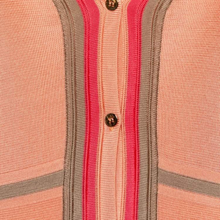 Pre Owned Versace Peach Knit Striped Button Front Cardigan M