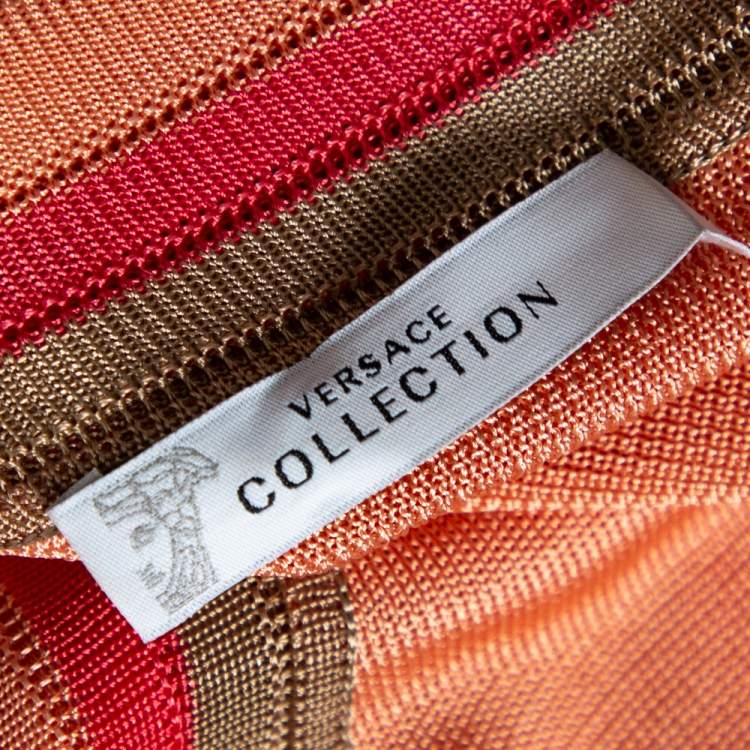 Pre Owned Versace Peach Knit Striped Button Front Cardigan M