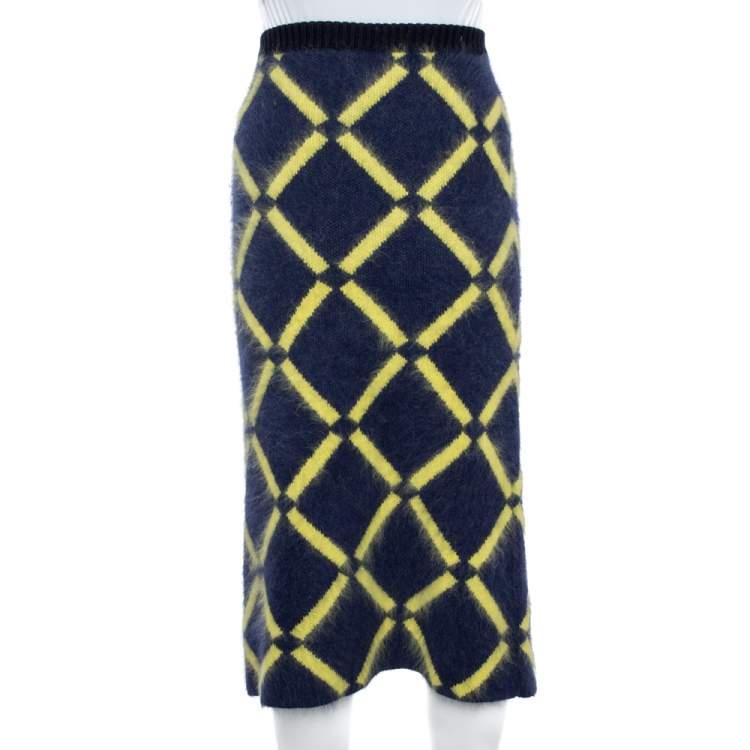 Pre Owned Versace Navy Blue Argyle Wool Knit Pencil Skirt M