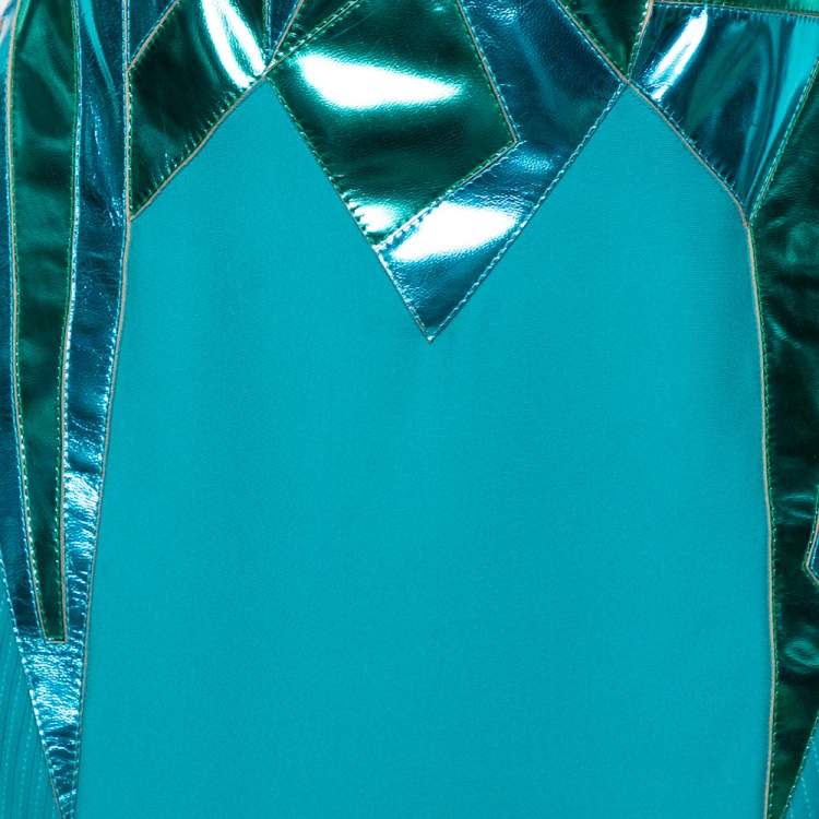 مملوكة مسبقًا Versace Blue Leather Embellished & Silk Front Slit Detail Dress M