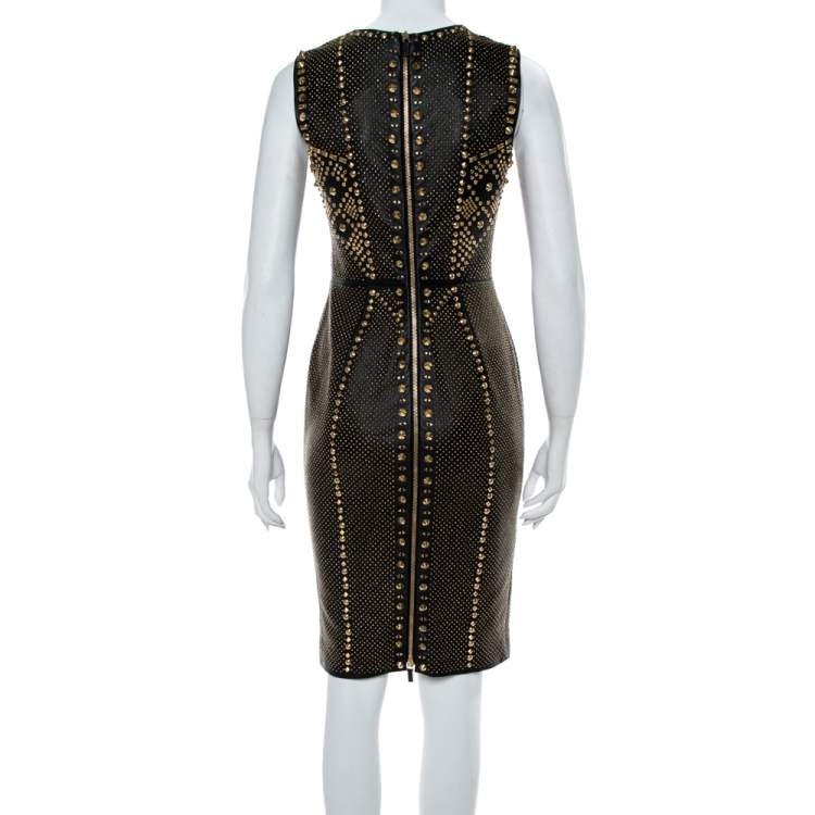 مملوكة مسبقًا Versace Black Leather Metal Embellished Sheath Dress S