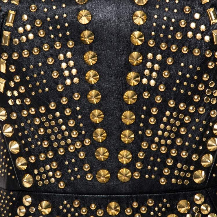 مملوكة مسبقًا Versace Black Leather Metal Embellished Sheath Dress S