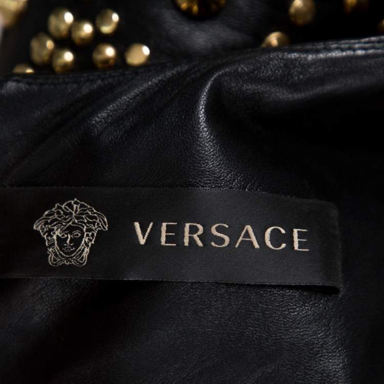 مملوكة مسبقًا Versace Black Leather Metal Embellished Sheath Dress S