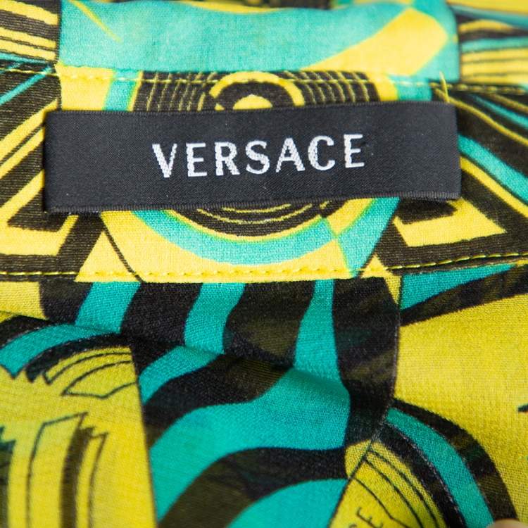 Pre Owned Versace Yellow Printed Silk Shirt & Cotton Mini Skirt Set S