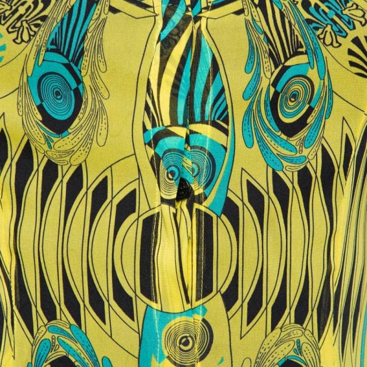 Pre Owned Versace Yellow Printed Silk Shirt & Cotton Mini Skirt Set S