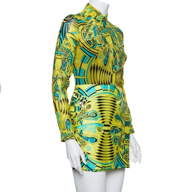 Pre Owned Versace Yellow Printed Silk Shirt & Cotton Mini Skirt Set S