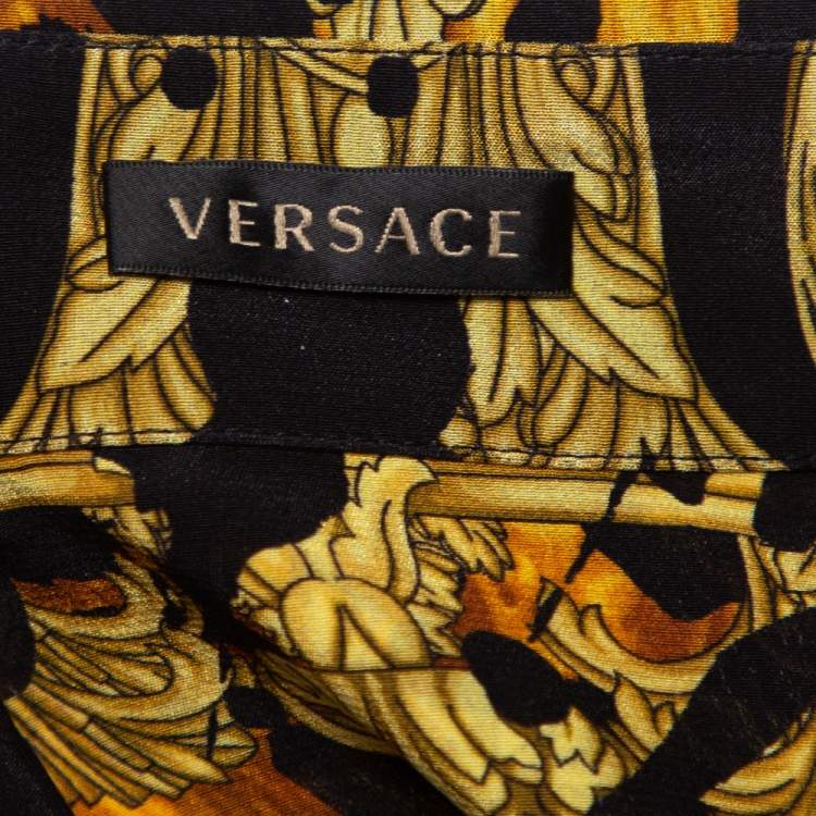 Pre Owned Versace Black & Yellow Printed Silk Double Collar Button Front Shirt L