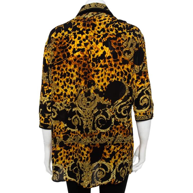 Pre Owned Versace Black & Yellow Printed Silk Double Collar Button Front Shirt L