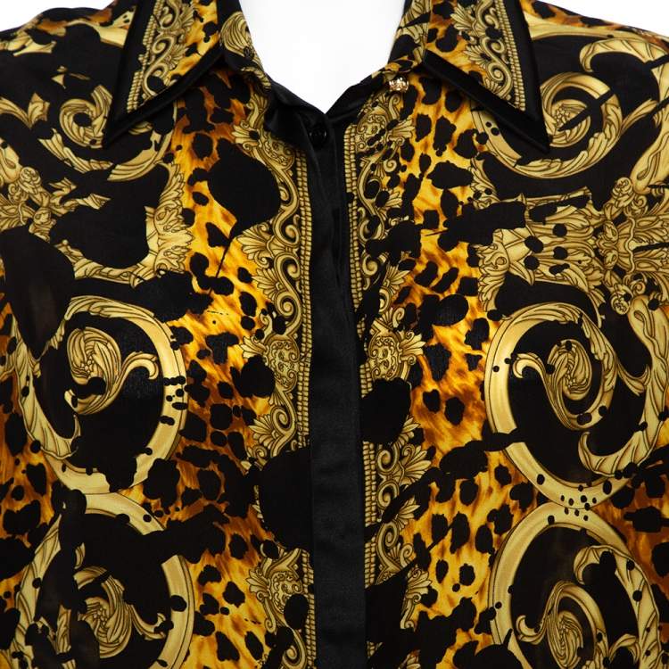 Pre Owned Versace Black & Yellow Printed Silk Double Collar Button Front Shirt L