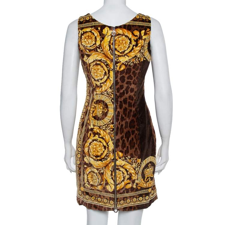 Pre Owned Versace Brown Animal and Baroque Print Velvet Sleeveless Sheath Dress M